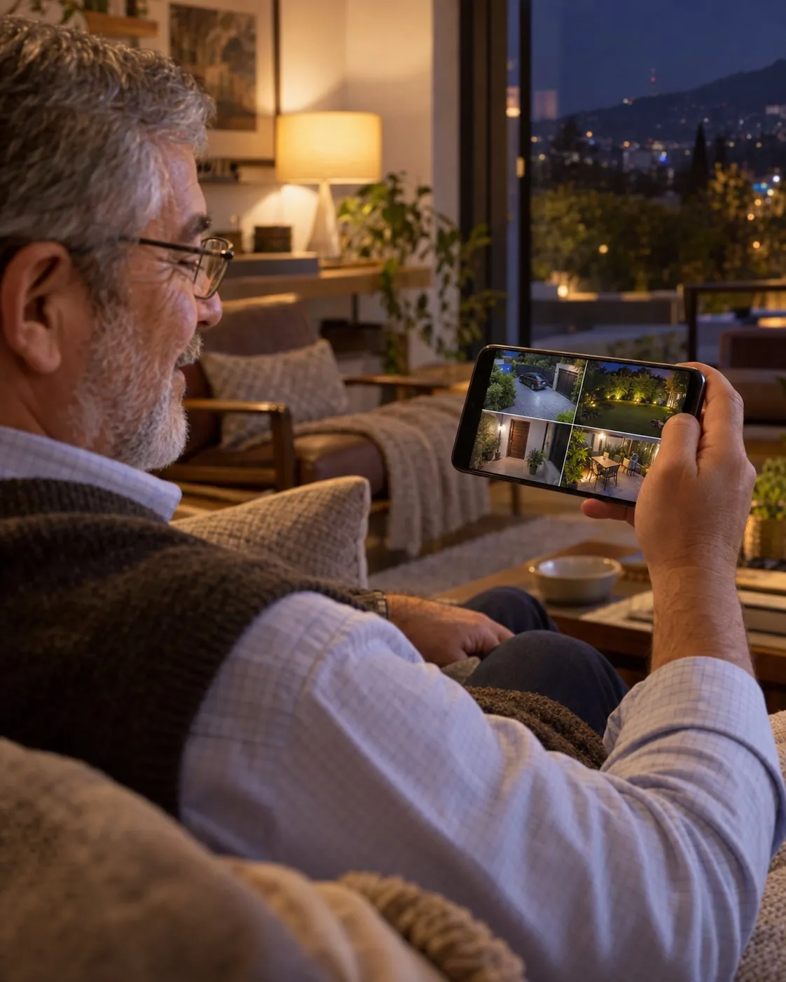 Cliente de SafeVision mirando las cámaras de su casa en vivo desde el celular