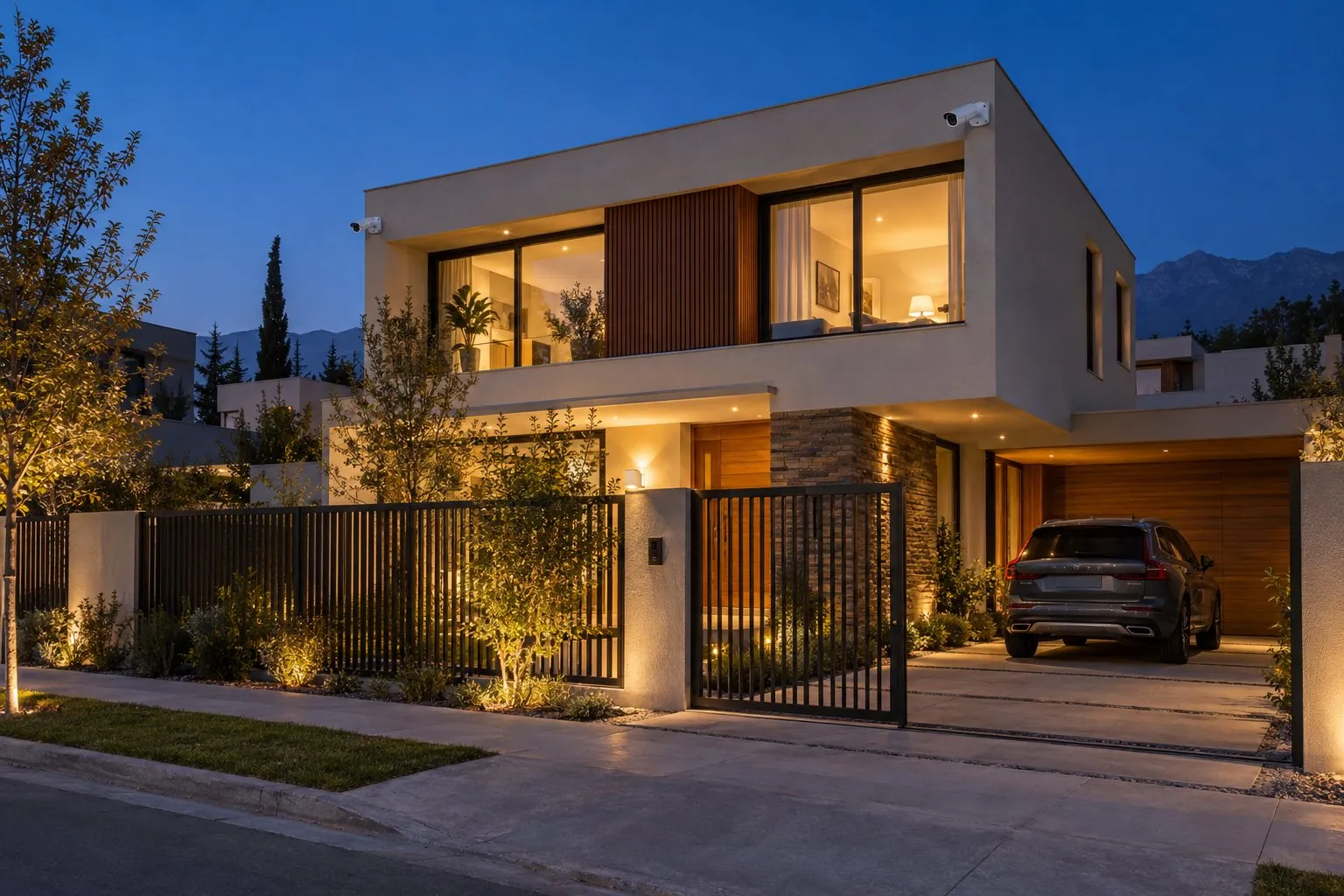 Casa moderna de noche con cámaras de seguridad instaladas