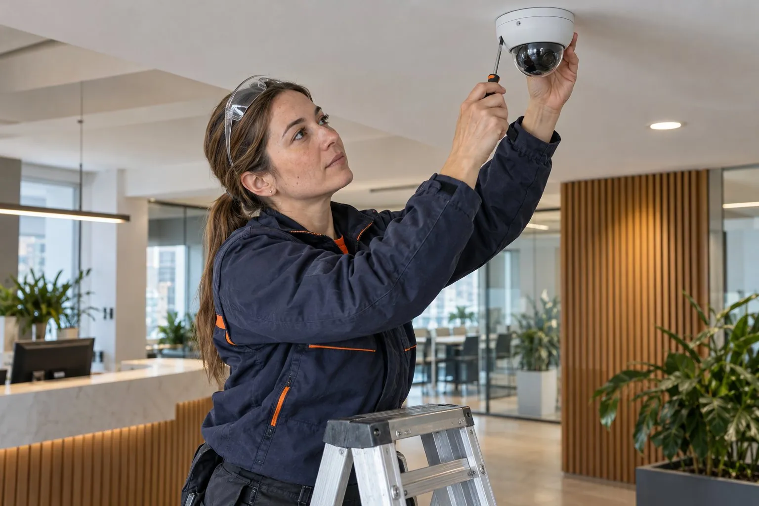 Técnica de SafeVision instalando una cámara domo en la recepción de una oficina