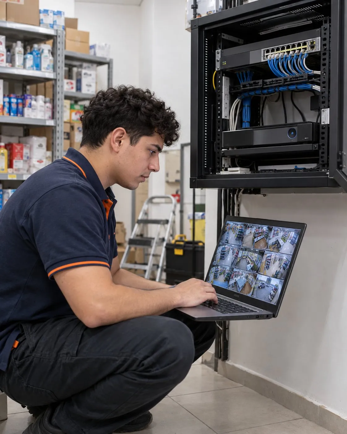 Técnico de SafeVision revisando el grabador y el rack de un cliente con un notebook